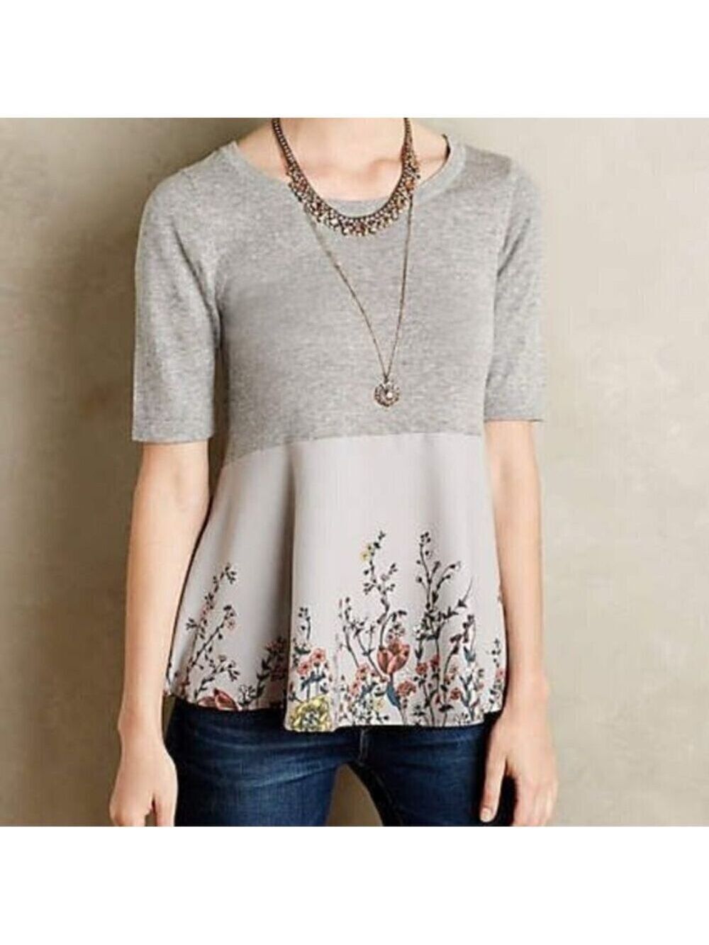 Anthropologie Moth Grey Peplum Short Sleeve Sweater with Floral Pattern Small